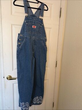 Revolt Vintage Denim Overalls with Embroidered Hem – Size L